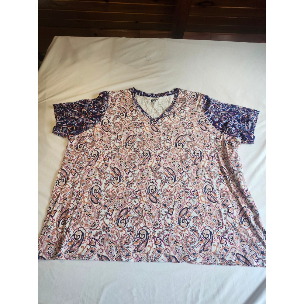 Lands End Womens 2X Paisley V-Neck Short Sleeve T-Shirt Multi Color‎ Mixed Print